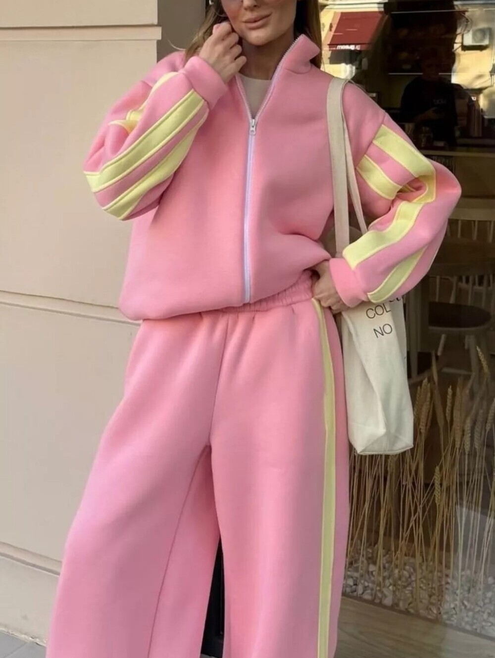 Contrast Striped Zip Up Top and Pants Set - Picture 5 of 6